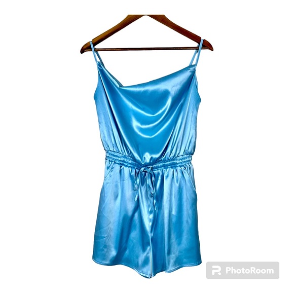 AKIRA Pants - AKIRA women’s blue Slip satin Romper tie-front, elastic waist band Size S NWOT‎